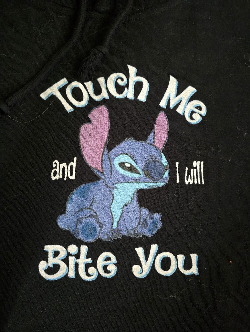 Womens Black Hoodie Top with Blue Stitch Graphic - Touch Me Bite You